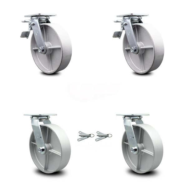 Service Caster 8 Inch Semi Steel Caster Set with Ball Bearings 2 Brakes 2 Swivel Locks SCC SCC-TTL30S820-SSB-2-BSL-2